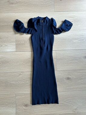 Riley Navy Ruffle-Sleeve Knit Dress